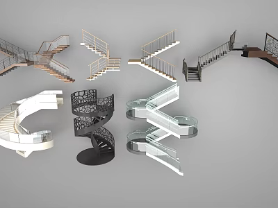 Various Staircase Designs Including Spiral Straight Wooden And Glass Railings 3d model