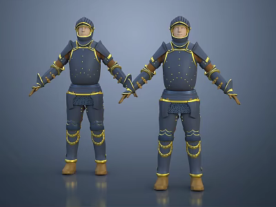 Two Warrior Characters In Blue Armor With Yellow Accents Standing Pose 3d model