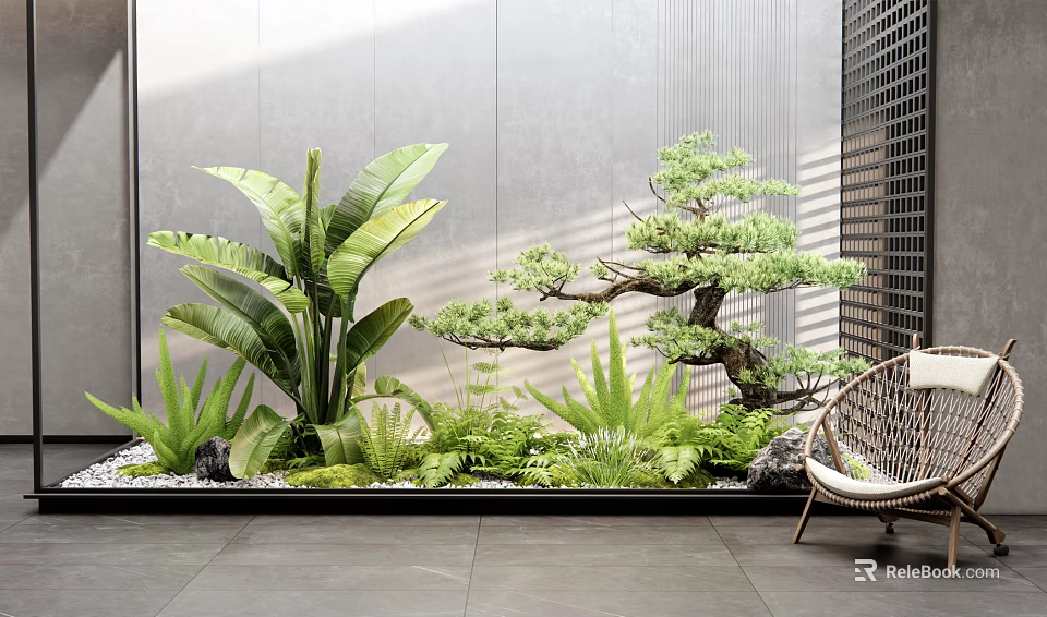Modern Landscape Seating With Wicker Design Lush Green Plants Pine Bonsai And Stone Wall 3d model 