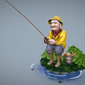 Cute Game Movie Character Fishing With Yellow Hat Jacket Green Grass Bucket And Water Ripples