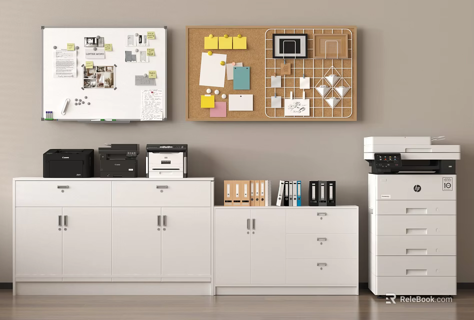 Organized Office Space With Whiteboard Corkboard Printers Cabinets And File Folders 3d model 