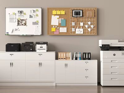 Organized Office Space With Whiteboard Corkboard Printers Cabinets And File Folders 3d model
