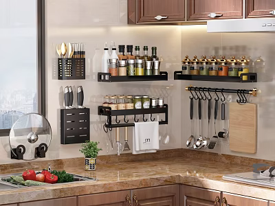 Kitchen Utensils Organization With Spice Bottles Knives And Hanging Utensils On Wall Mounted Racks 3d model