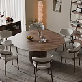 Quiet Ancient Style Dining Table and Chair Combination Round Solid Wood Dining Table Dining Chair Six-person Storage Rack Sideboard Vase Decoration Floor Lamp 3d model
