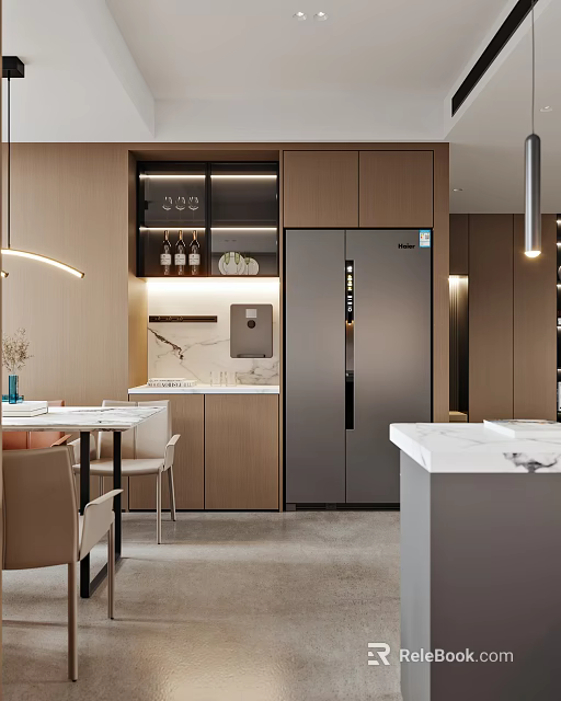 Modern Living and Dining Room Interior Design With Wooden Cabinets Marble Countertops and Dining Furniture 3d model 