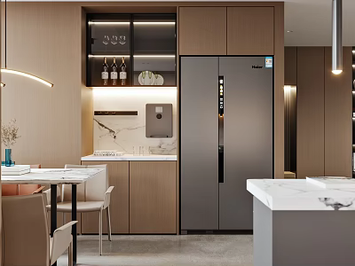 Modern Living and Dining Room Interior Design With Wooden Cabinets Marble Countertops and Dining Furniture 3d model