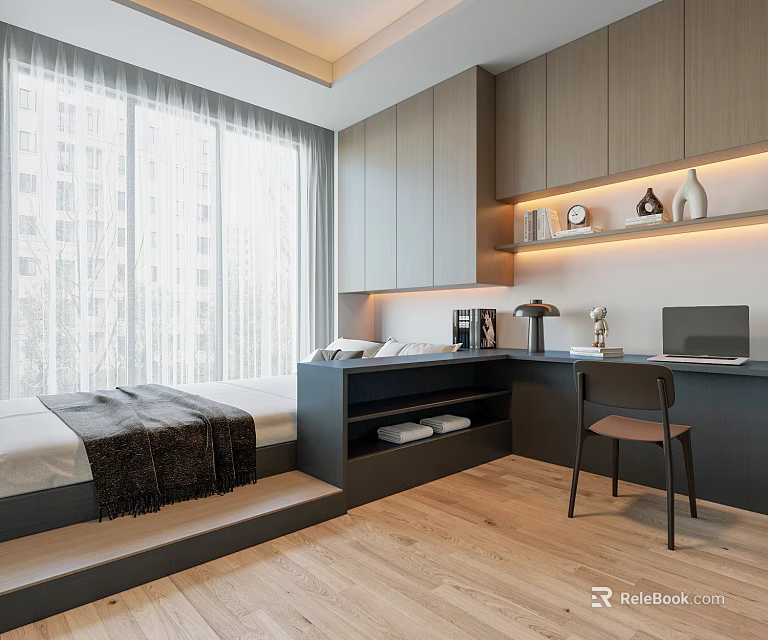 Modern Tatami Bedroom With Built In Storage Cabinets Desk And Natural Light 3d model 