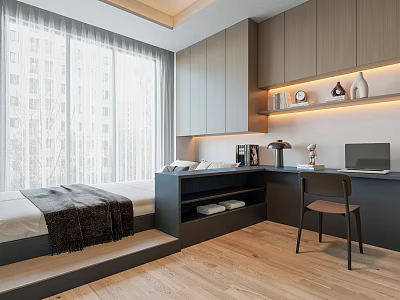 Modern Tatami Bedroom With Built In Storage Cabinets Desk And Natural Light 3d model