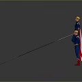 Men in blue uniforms and red capes with one jumping and red arrow below