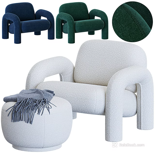 White Plush Single Sofa With Rounded Arms And Ottoman Throw Blanket 3d model 
