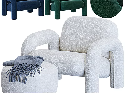 White Plush Single Sofa With Rounded Arms And Ottoman Throw Blanket 3d model
