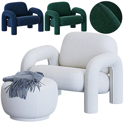 White Plush Single Sofa With Rounded Arms And Ottoman Throw Blanket 3d model