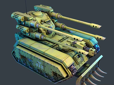 Yellow Green Military Tank with Multiple Cannons Number 472 and Front Spike Blade 3d model