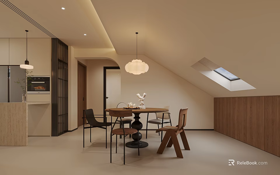 Modern Attic Restaurant Interior With Skylight Dining Table Chairs And Wooden Wall 3d model 