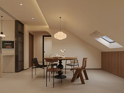 Modern Attic Restaurant Interior With Skylight Dining Table Chairs And Wooden Wall 3d model