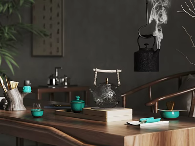 Traditional Chinese Wooden Tea Table and Chairs with Teapot Cups and Calligraphy Decoration 3d model
