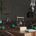 Traditional Chinese Wooden Tea Table and Chairs with Teapot Cups and Calligraphy Decoration