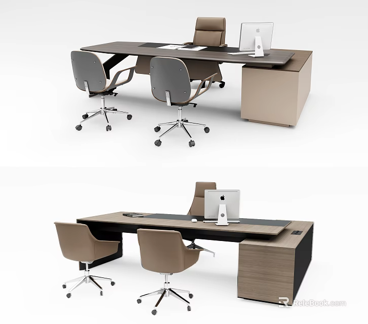 Sleek Modern Office Desk With Stylish Gray Beige Chairs Laptop And Cabinet 3d model 