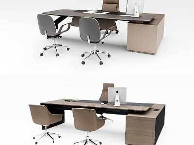 Sleek Modern Office Desk With Stylish Gray Beige Chairs Laptop And Cabinet 3d model