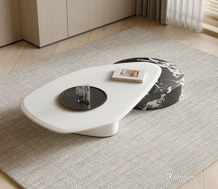 White Modern Coffee Table With Black Tray And Marble Pattern Ottoman In Living Room 3d model 