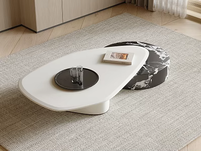 White Modern Coffee Table With Black Tray And Marble Pattern Ottoman In Living Room 3d model