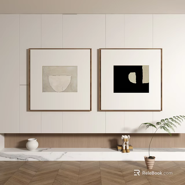 Minimalist Wall Art Decor With Framed Paintings White Vase And Plant 3d model 