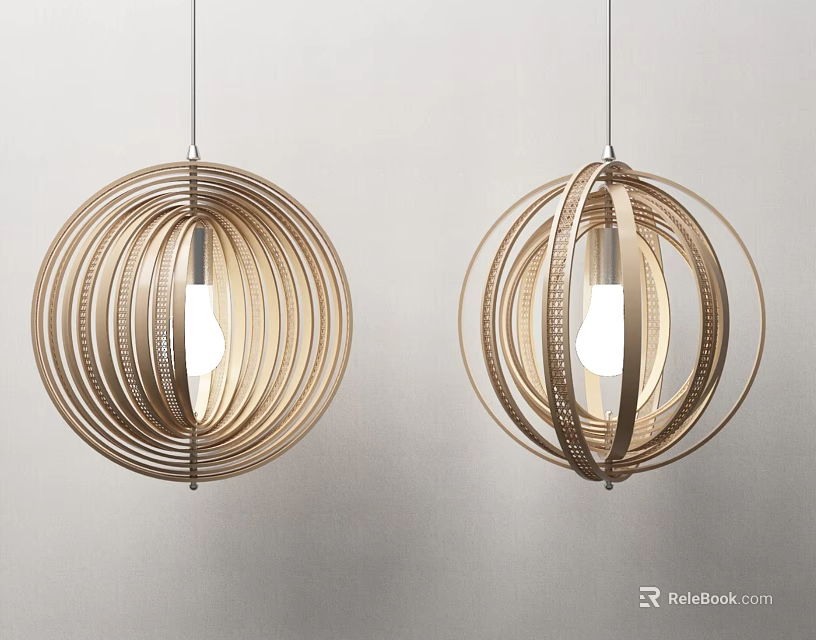 Wooden Pendant Lights With Circular Ring Spherical Design Inner Bulb On Light Colored Wall 3d model