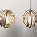Wooden Pendant Lights With Circular Ring Spherical Design Inner Bulb On Light Colored Wall 3d model