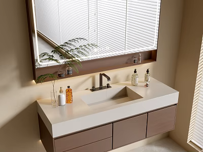 Elegant Modern Bathroom Vanity Cabinet With Floating Design White Countertop Sink And Mirror 3d model