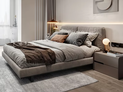 Modern Bedroom Interior With Gray Bedding Multiple Pillows Brown Blanket Nightstand Table Lamp And Rug 3d model