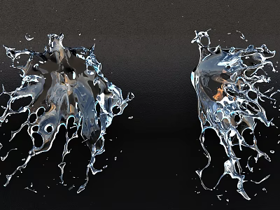 Dynamic Water Splashes Flying On Black Background With Glistening Shapes 3d model