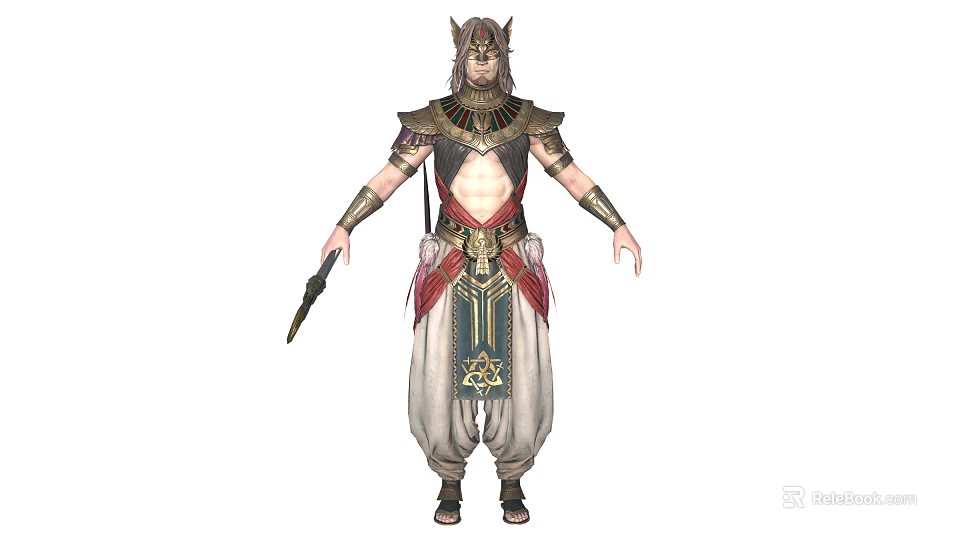 Egyptian Mythical Warrior Character With Horned Helmet Ornamental Armor Red Gold Sash And Weapon 3d model
