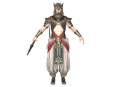 Egyptian Mythical Warrior Character With Horned Helmet Ornamental Armor Red Gold Sash And Weapon 3d model