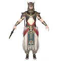 Egyptian Mythical Warrior Character With Horned Helmet Ornamental Armor Red Gold Sash And Weapon