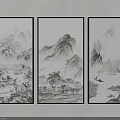 Three Panel Traditional Ink Landscape Paintings With Mountains Water And Flying Birds
