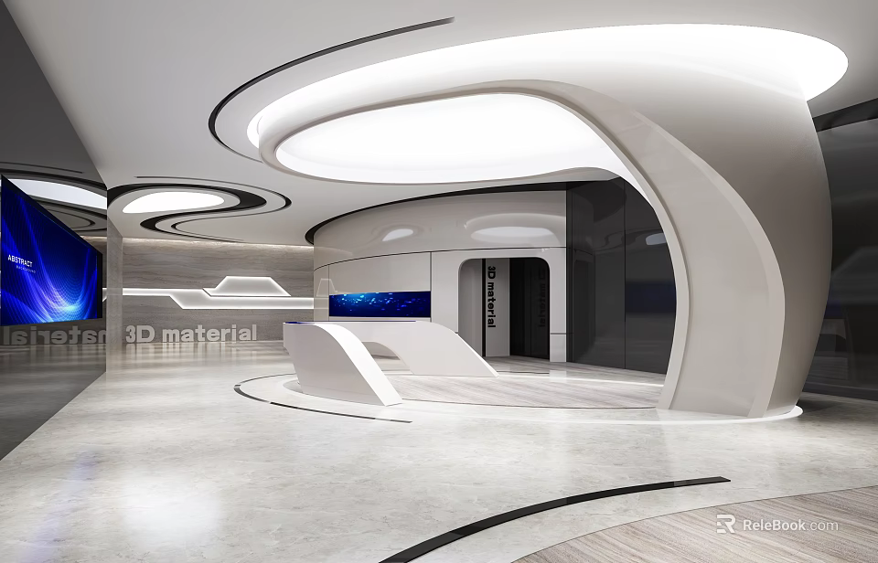 Modern Futuristic Exhibition Space With Curved White Structures Smooth Floors And Digital Displays 3d model 