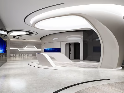 Modern Futuristic Exhibition Space With Curved White Structures Smooth Floors And Digital Displays 3d model