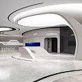 Modern Futuristic Exhibition Space With Curved White Structures Smooth Floors And Digital Displays