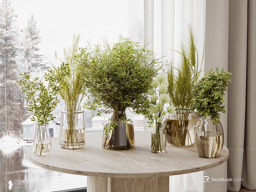 Elegant Flower Arrangements With Various Vases And Green Plants On Marble Tabletop Indoor 3d model 