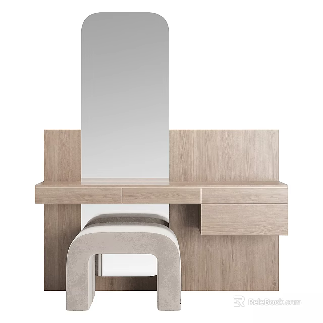 Modern Light Wood Dressing Table with Mirror Drawers and Matching Stool 3d model 