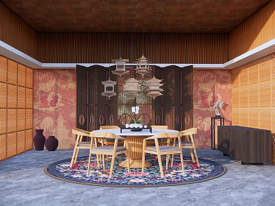 Chinese Style Private Dining Box With Wooden Decor Mural Round Table Chairs Chandelier And Rug 3d model