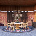Chinese Style Private Dining Box With Wooden Decor Mural Round Table Chairs Chandelier And Rug