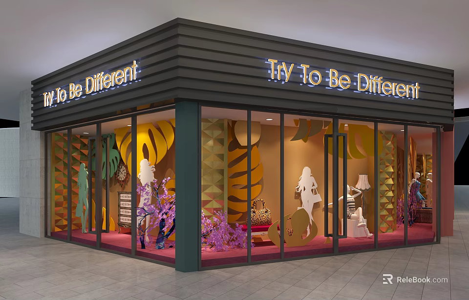Creative Store Window Display With Glass Front Green Leaf Decorations White Mannequins And Pink Carpet 3d model 