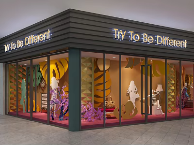 Creative Store Window Display With Glass Front Green Leaf Decorations White Mannequins And Pink Carpet 3d model