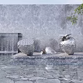 Contemporary Stainless Steel Fruit Sculptures By Water Pool With Stone Wall And Waterfall Feature