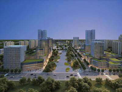Modern Urban Commercial Street With Tall Buildings Modern Architecture Wide Avenue Green Trees And Vehicles 3d model