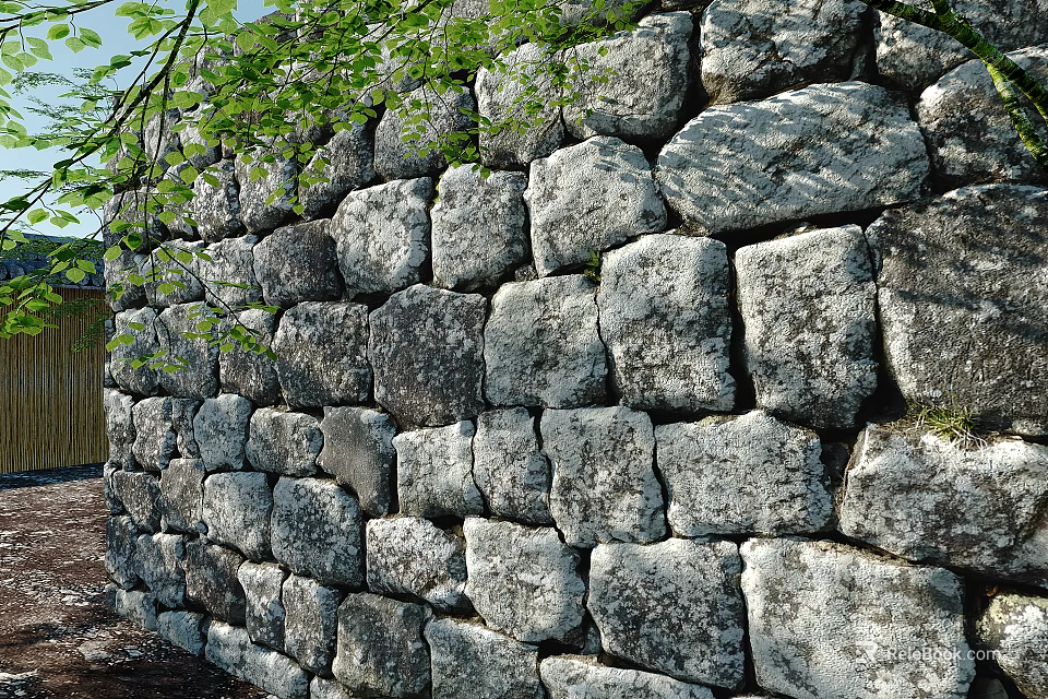 Natural Stone Made Building Exterior Wall With Rough Texture And Green Leaves Decoration 3d model 