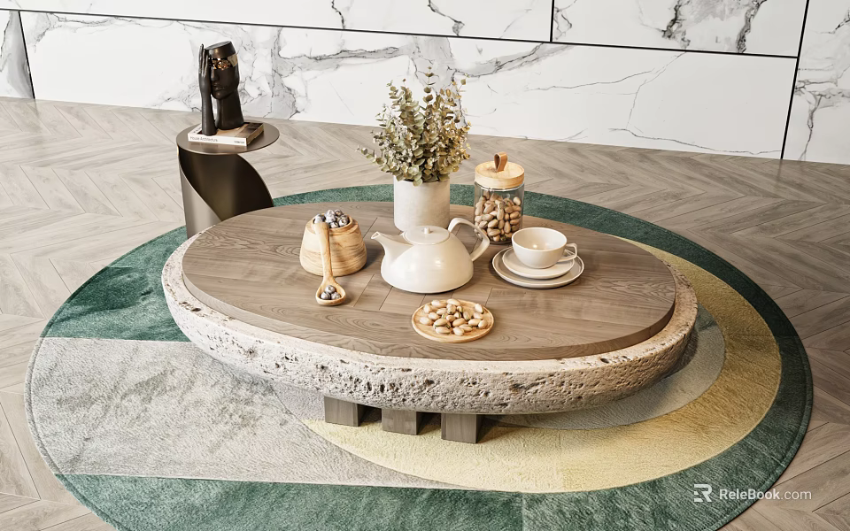 Oval Coffee Table with Stone Base Wooden Top Flower Vase Teapot on Green Rug 3d model 