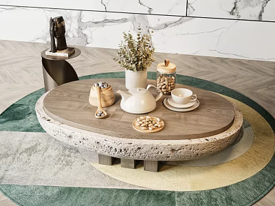 Oval Coffee Table with Stone Base Wooden Top Flower Vase Teapot on Green Rug 3d model
