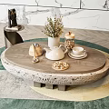 Oval Coffee Table with Stone Base Wooden Top Flower Vase Teapot on Green Rug